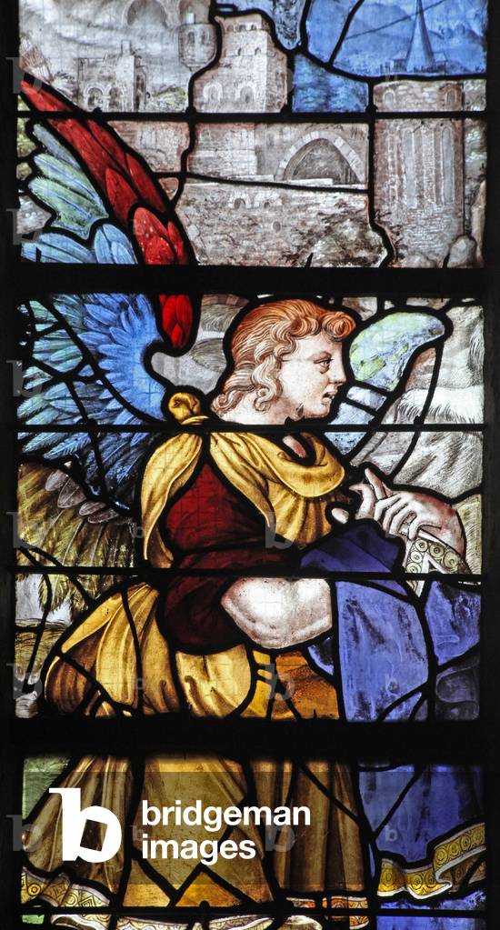 Window w9 depicting the angel holding Christ's robe at the Baptism in Jordan (stained glass)