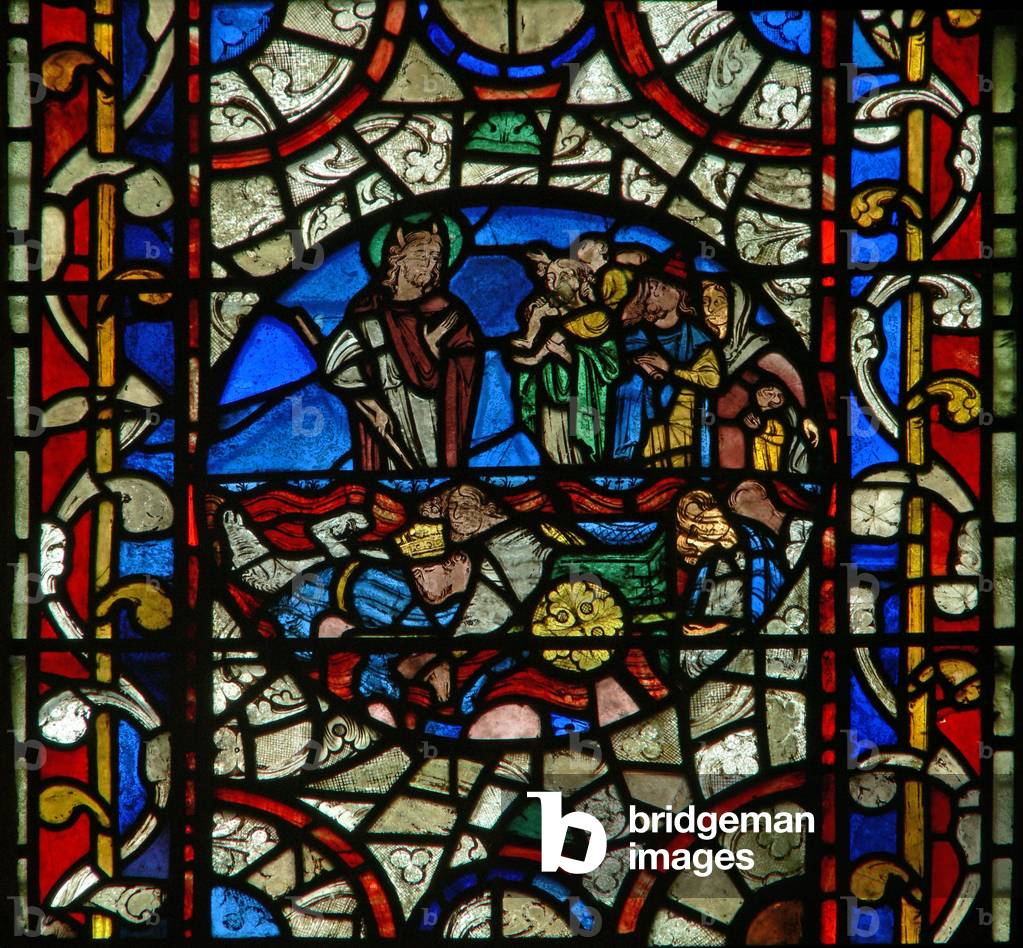 Window n.II depicting Moses; Pharaoh's army drowns in the Red Sea (stained glass)