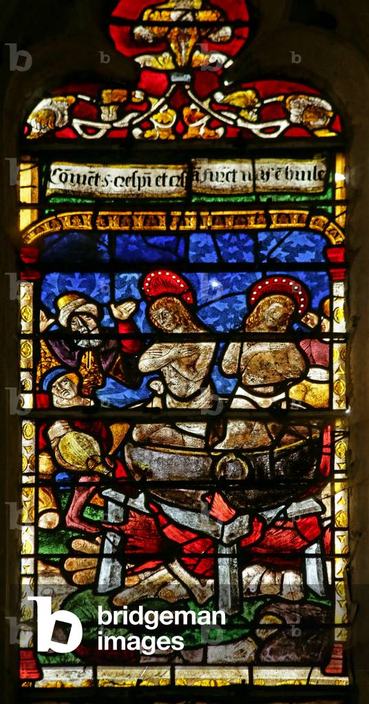 Window depicting Saint Crepin and Saint Crepinien being boiled in Oil (stained glass)