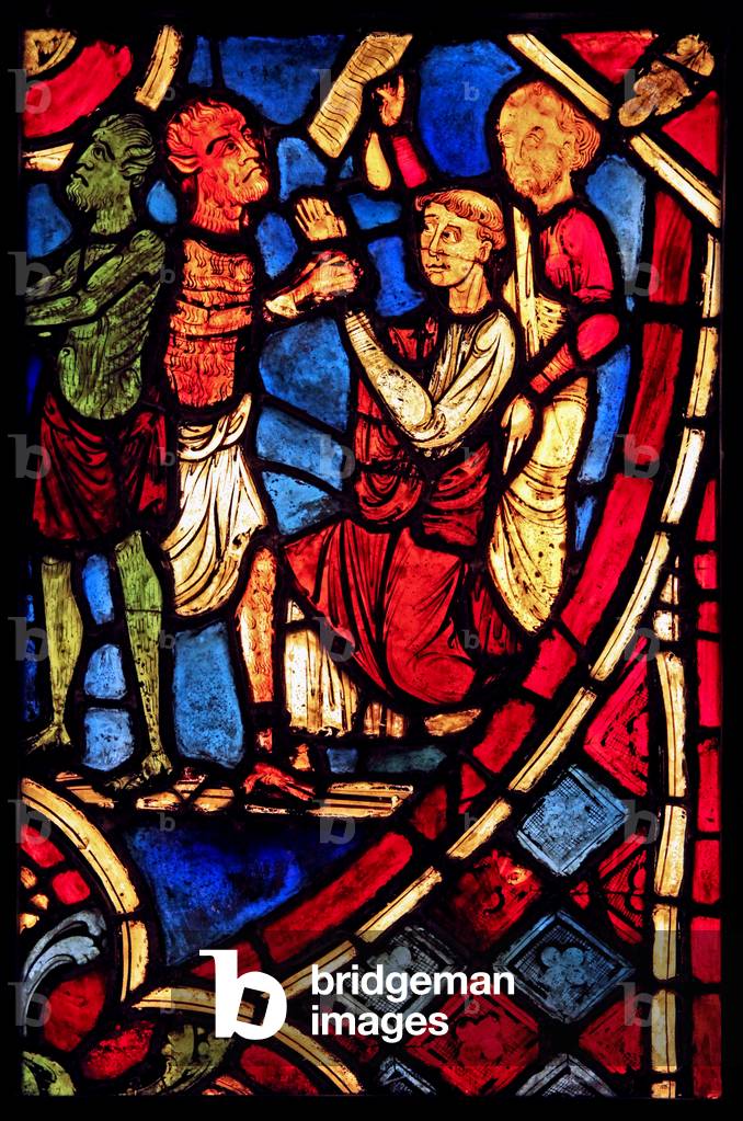 Depicting Theophilus strikes a deal with a devil; from the church of Varennes-Jarcy (originally from the Abbey de Gercy?) (stained glass)