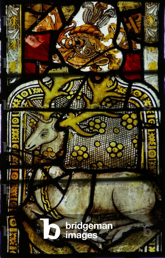 Window s-11 depicting a chained deer (stained glass)