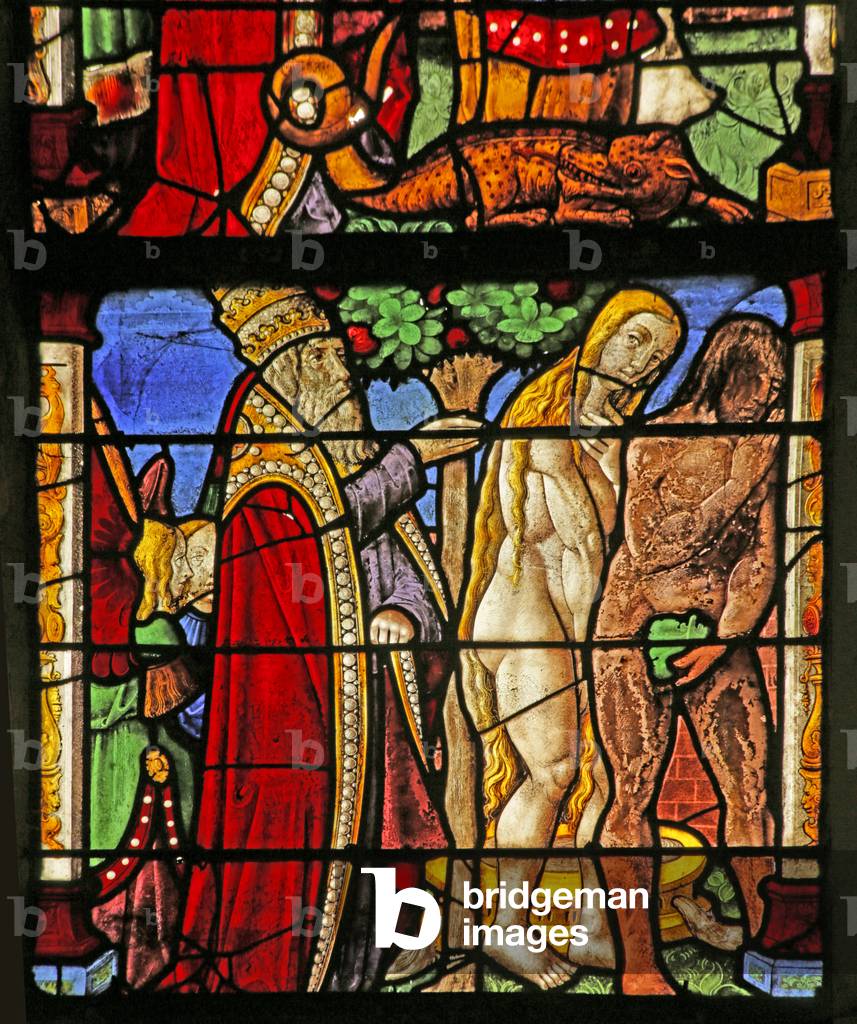 Window depicting God questioning Adam and Eve (stained glass)