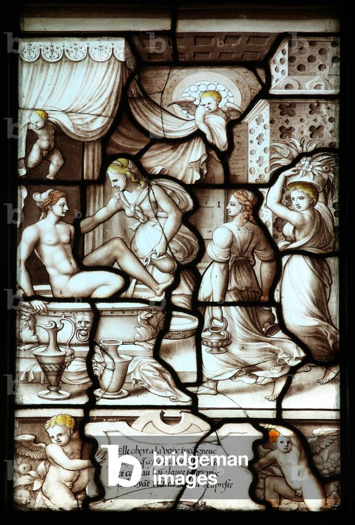 Panel 9 of the story of Psyche and Cupid: Psyche is looked after by the servants she cannot see in the Palace of Love: here she is bathed (stained glass)