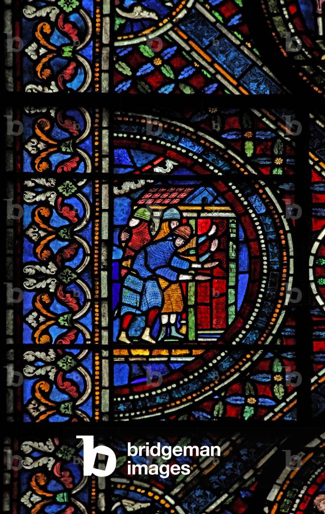 Window n7 depicting a scene from the life of St Thomas Becket: knights at the door of Canterbury (stained glass)