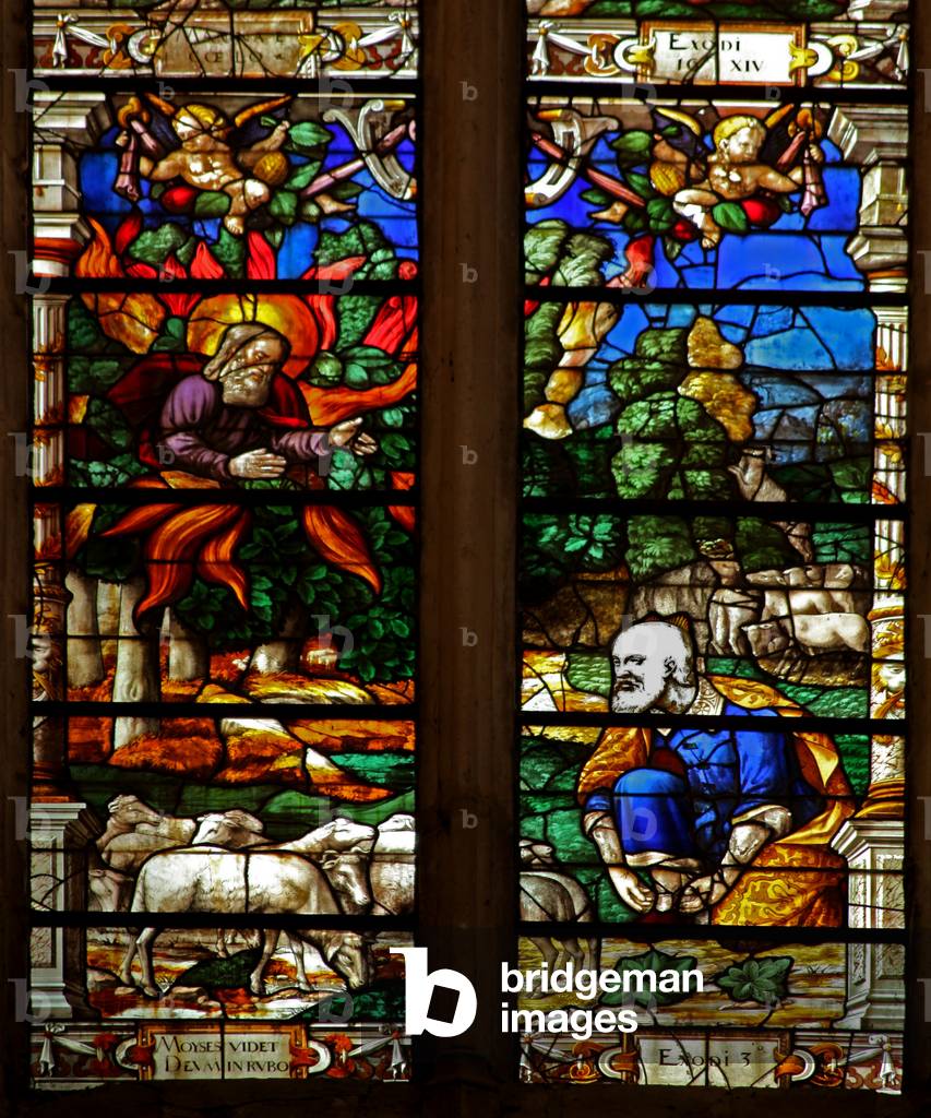 Window w120 depicting Moses and the Burning Bush (stained glass)