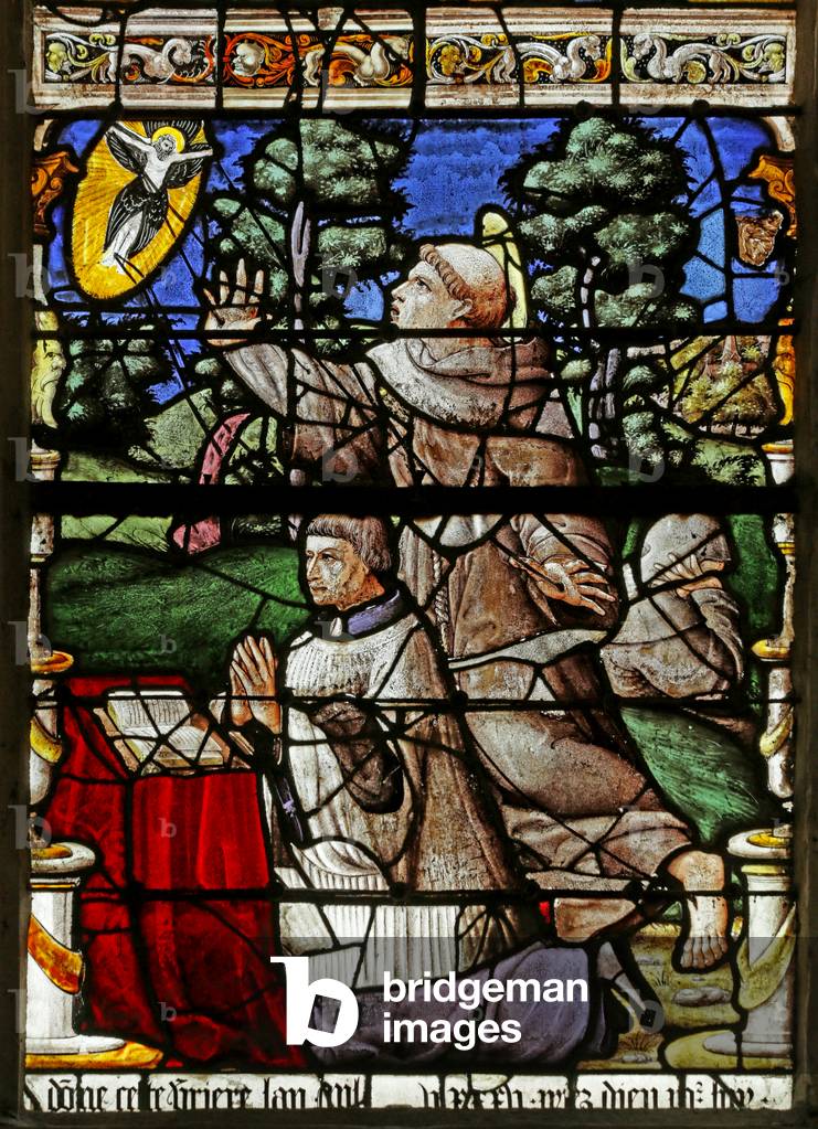 Window depicting the donor with Saint Francis receiving the Saintigmata (stained glass)