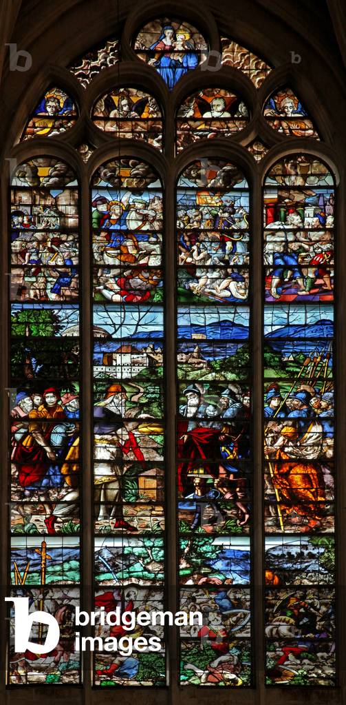 Window w124 depicting Abraham and Melchisedek; St James in battle with the moors in Spain; scenes from the life of St James (stained glass)