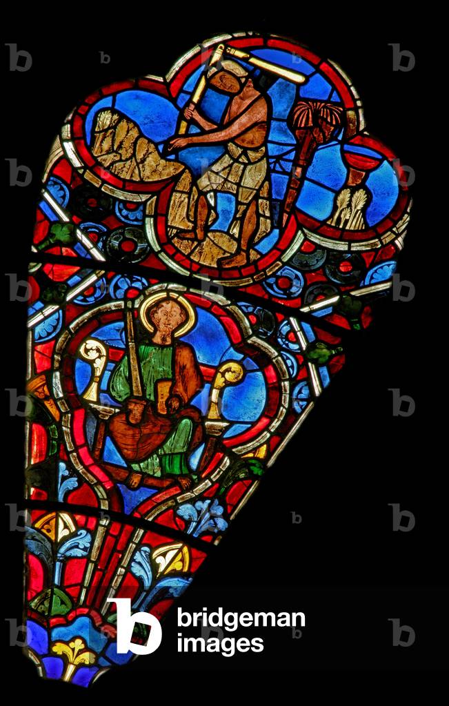 Window Ew depicting an Apostle and the Labours of the Months.  August (stained glass)