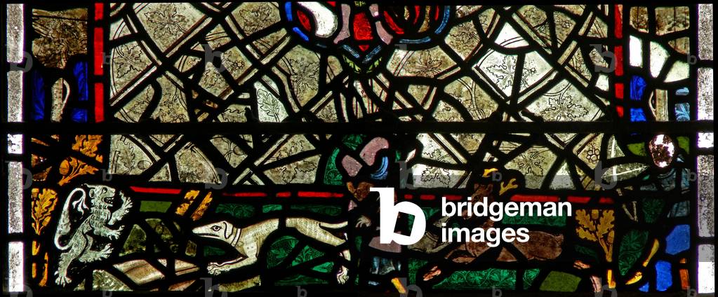 Window w40 depicting a border panel with stag chasing (stained glass)
