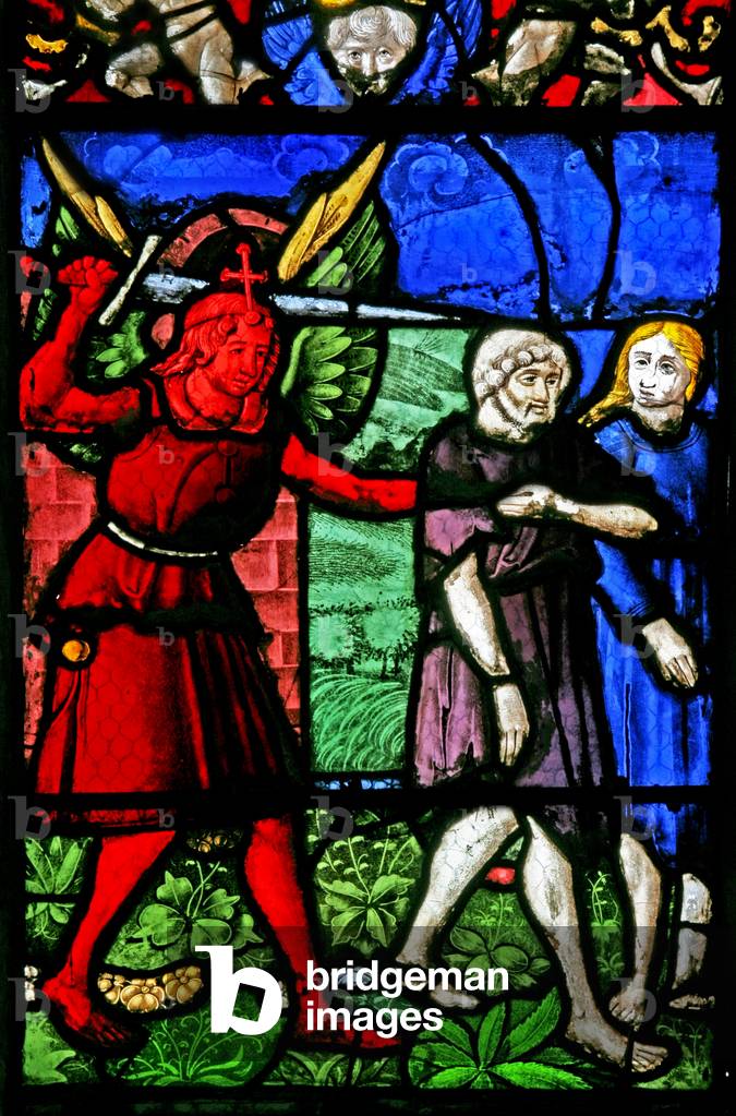 Window w2 depicting Adam and Eve expelled from Eden (stained glass)