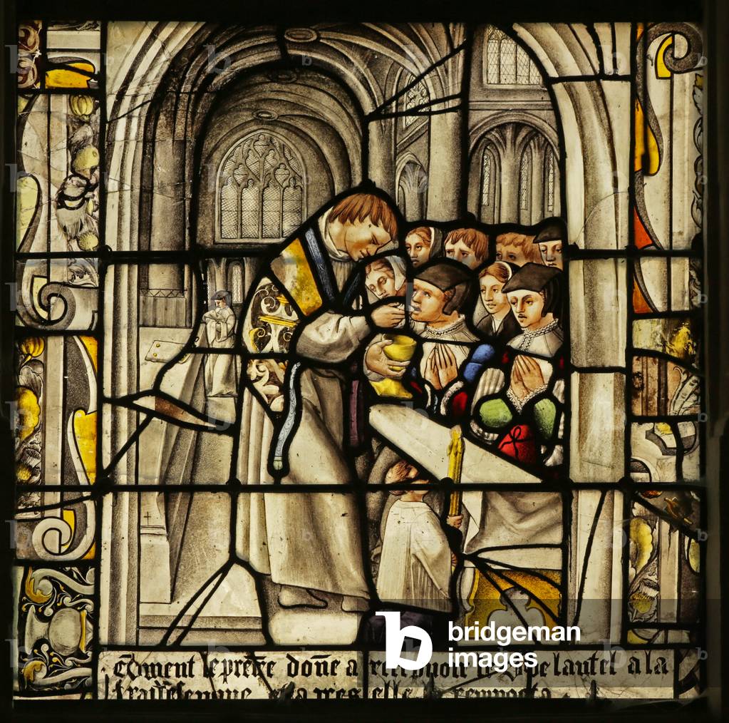 Window depicting the Miraculous Host: the Host is Stolen during Communion (stained glass)
