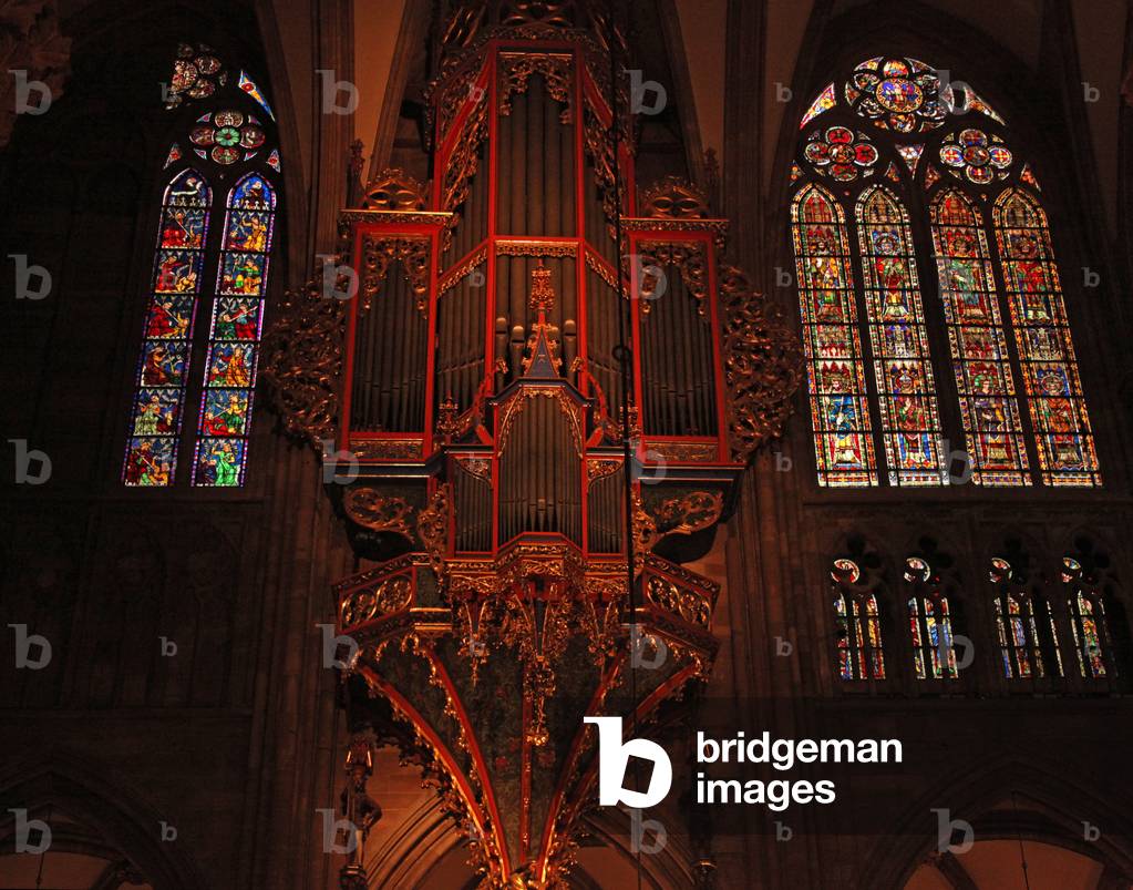 Window depicting the north side of the nave with the organ and clerestory windows (stained glass)