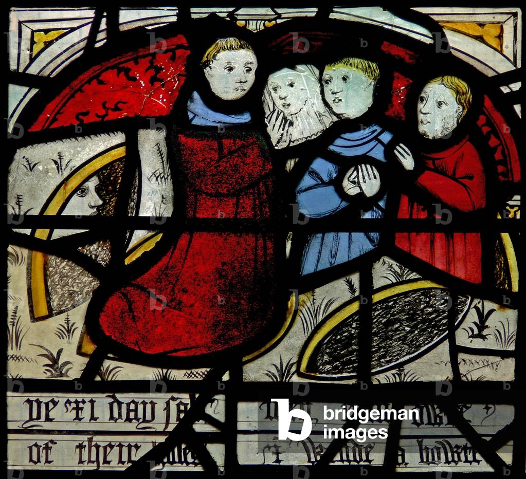 Window N3 depicting the Last Fifteen Days of the World (the Pryke of Conscience window): People emerge from their holes to pray (stained glass)