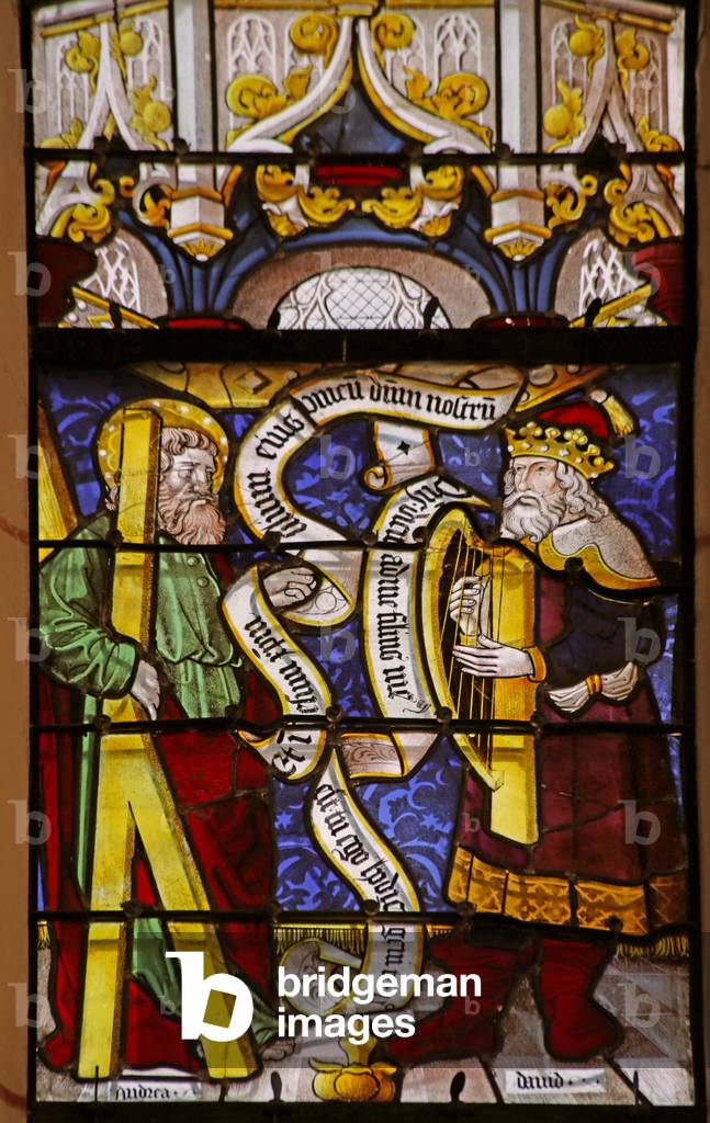 Window depicting Saint Andrew and King David with harp (stained glass)
