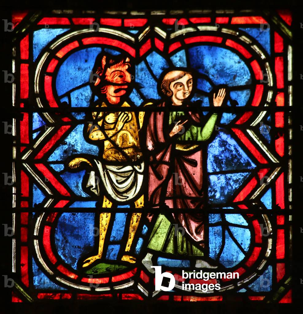 Theophilus regrets his actions - the demon alarmed at what he might do next  (stained glass)