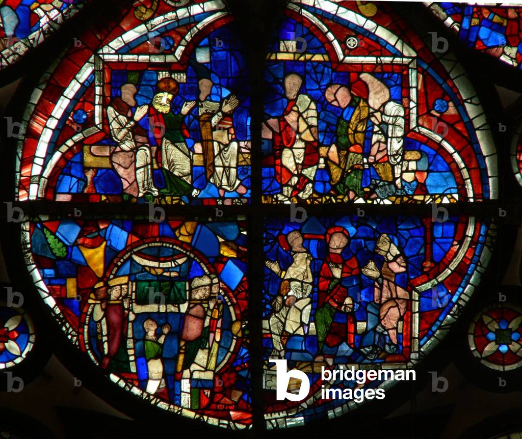 Window N rose depicting reset panels (stained glass)