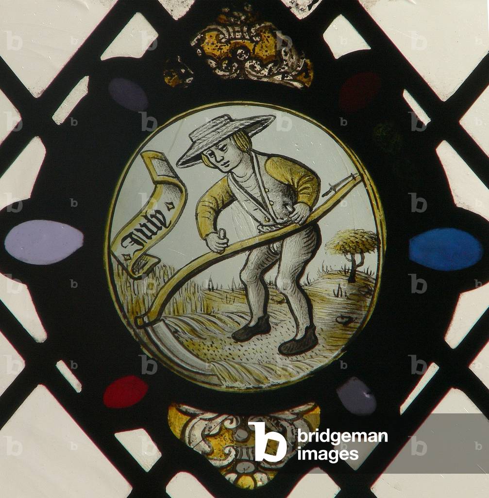 Window S2 depicting the Labours of the Months: July (stained glass)