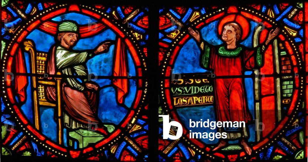 Window w10 depicting the High Priest trying to dissuade St Stephen from preaching (modern) (stained glass)
