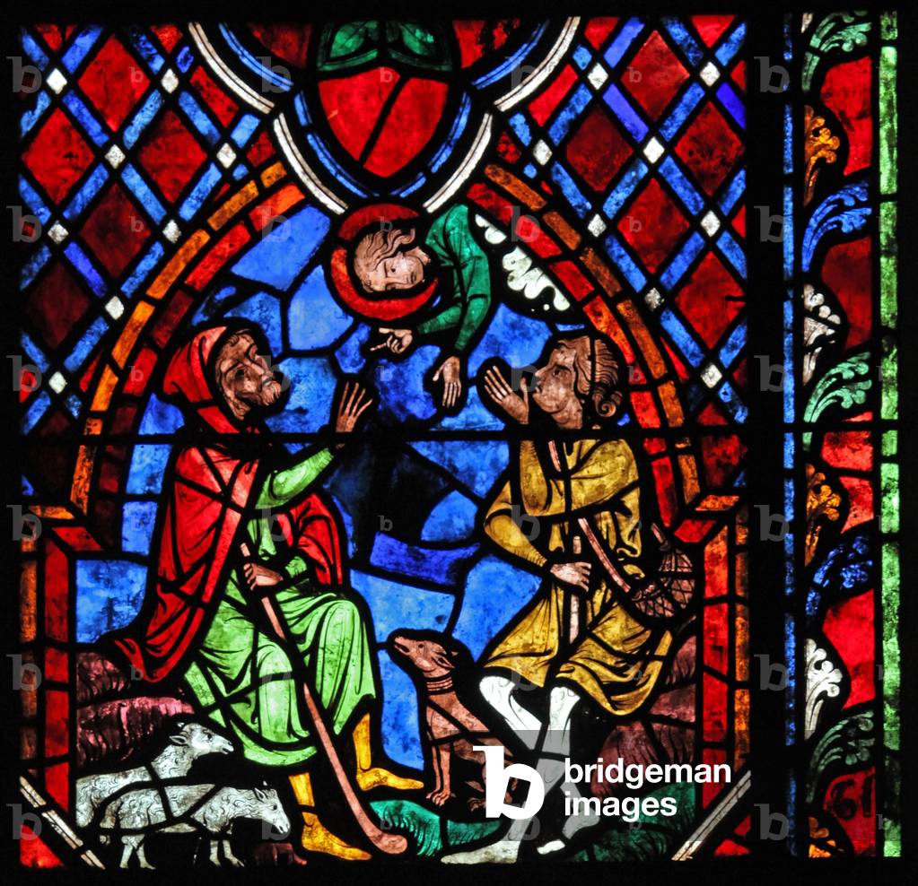 Window w01 depicting the Annunciation to Shepherds (stained glass)