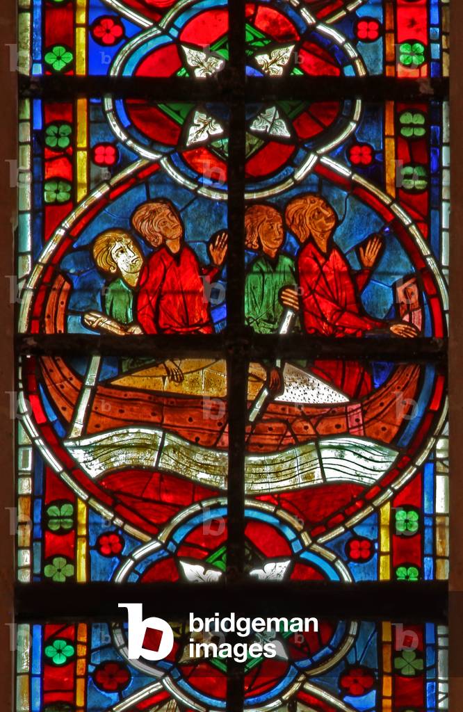 Window w209 depicting St Nicholas welcomes a boat (stained glass)