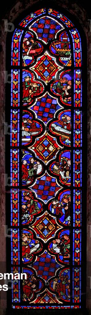 Window w1 depicting a scene from the life of St Mary Magdalene with a scenes from the story of Mary and Martha (stained glass)