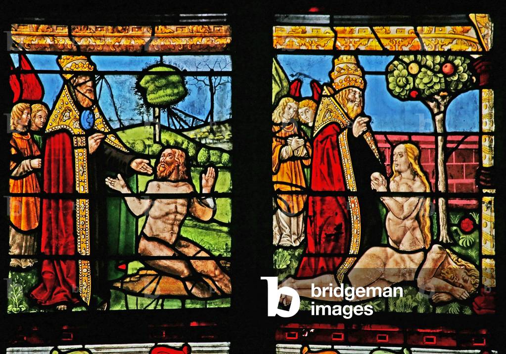 Window w1 depicting the Creation of Adam and Eve (stained glass)