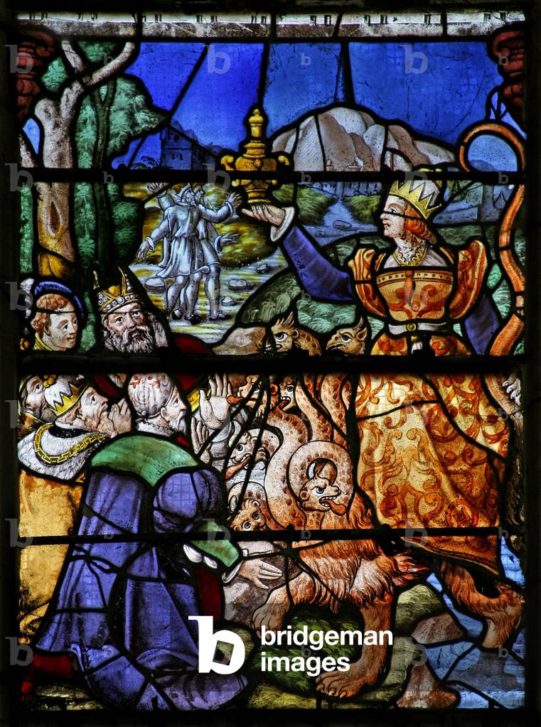 Window w7 depicting a scene from the Book of the Revelation of St John: the woman on the beast with 7 heads (stained glass)