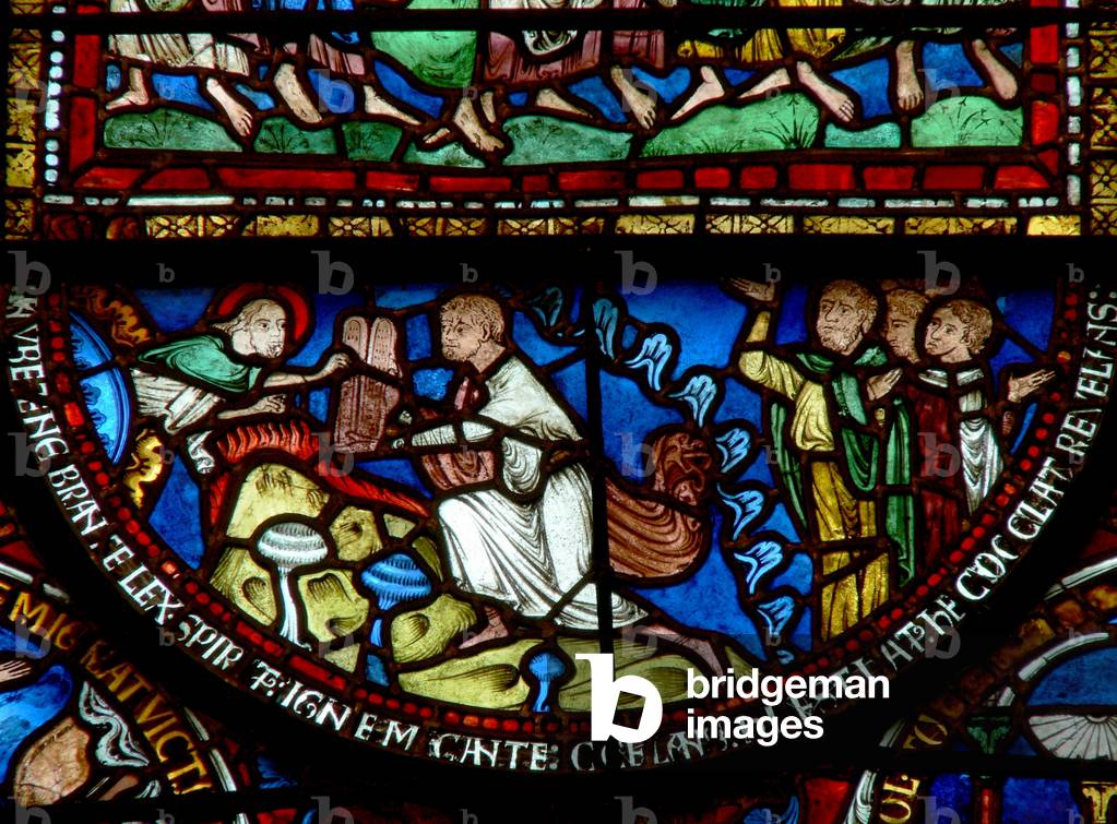 Window I depicting the Ten Commandments given to Moses (stained glass)
