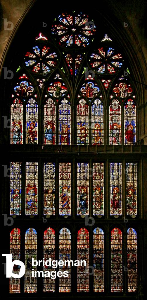 North transept window depicting the Coronation of the Virgin, Saints and Apostles, 1504 (stained glass)