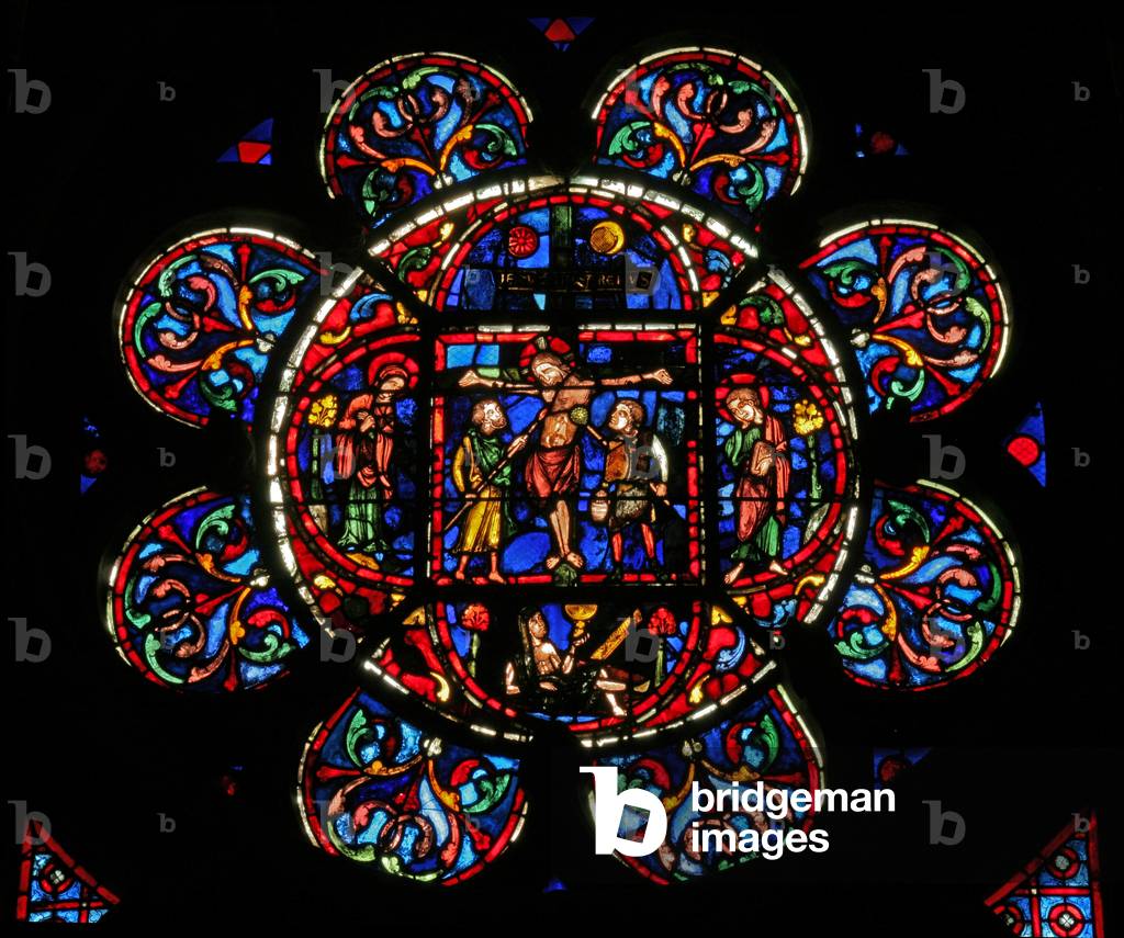 Window w0 depicting the Crucifixion with Mary and John and and soldiers with a spear and the sponge of vinegar (stained glass)