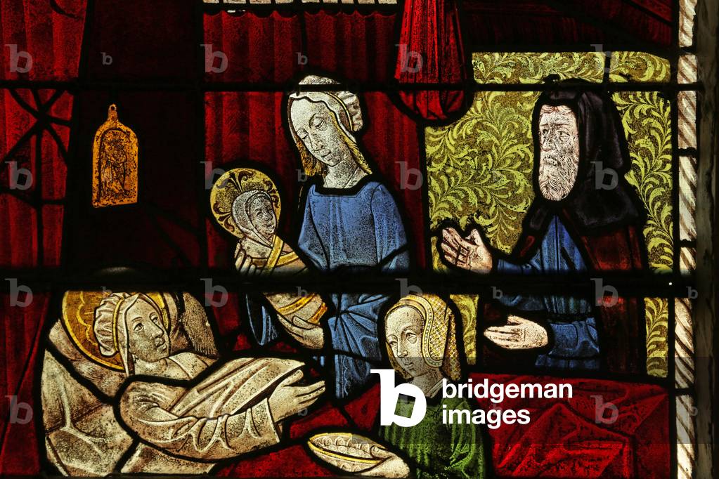 Window depicting the Birth of the Virgin Mary (stained glass)