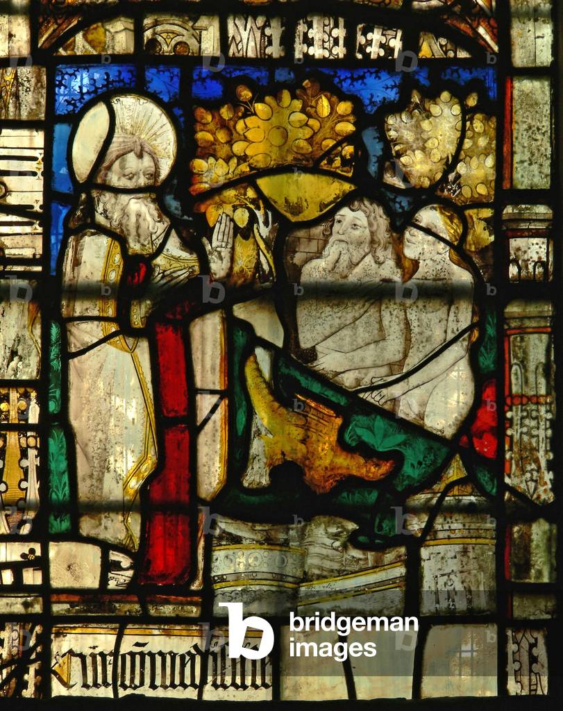 Window S2 depicting Adam and Eve hide their nakedness (stained glass)