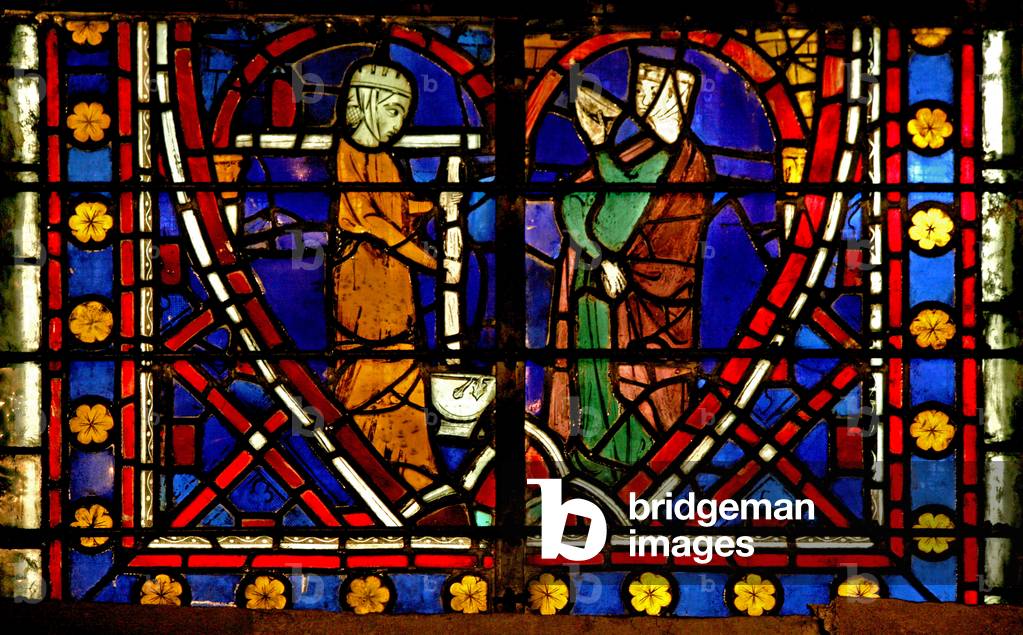 Window depicting Scene from the life of Saint Germain: the Saint's Mother attempting a Miscarriage (stained glass)