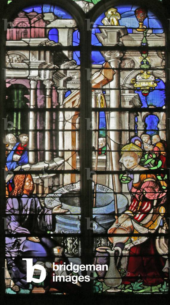 Window depicting Christ and the Samaritan Woman (stained glass)