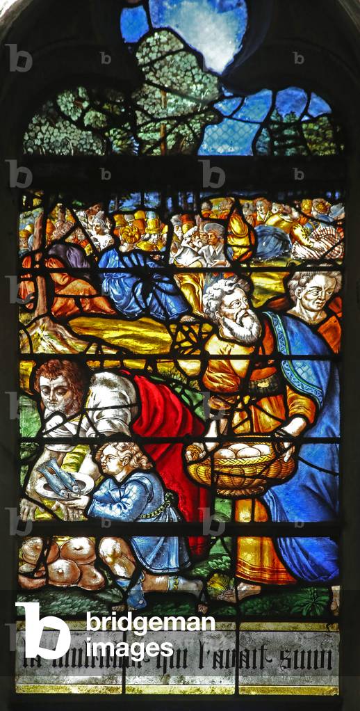 Window w12 depicting a detail from the Miracle of the Feeding of the 5000 (stained glass)