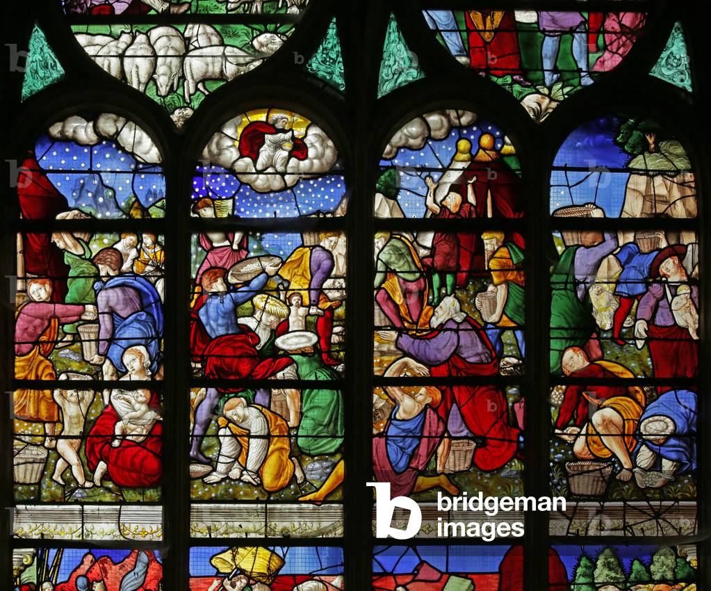 Window depicting Israelites gathering Manna in the desert (stained glass)
