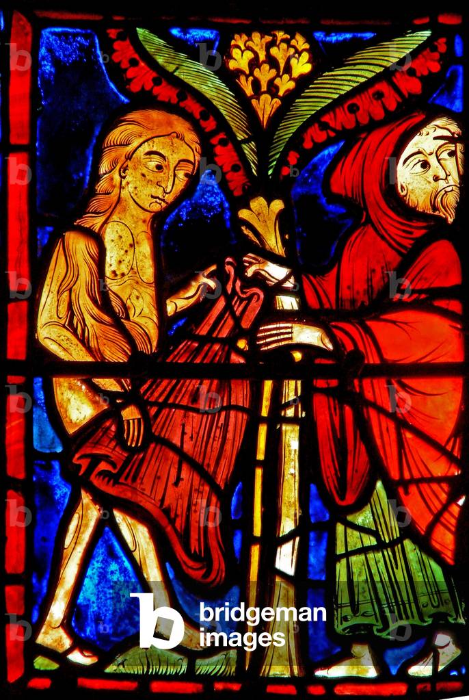 Window w21 depicting Zosimus gives St Mary the Egyptian his cloak (stained glass)