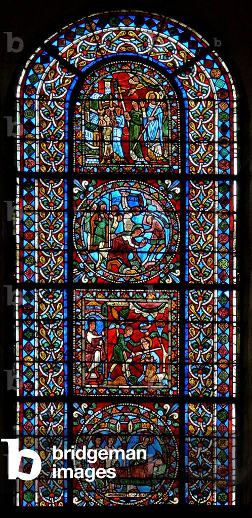Window wXXI depicting a composite window of 4 panels, three in connection with St Gervais and St Protais (stained glass)