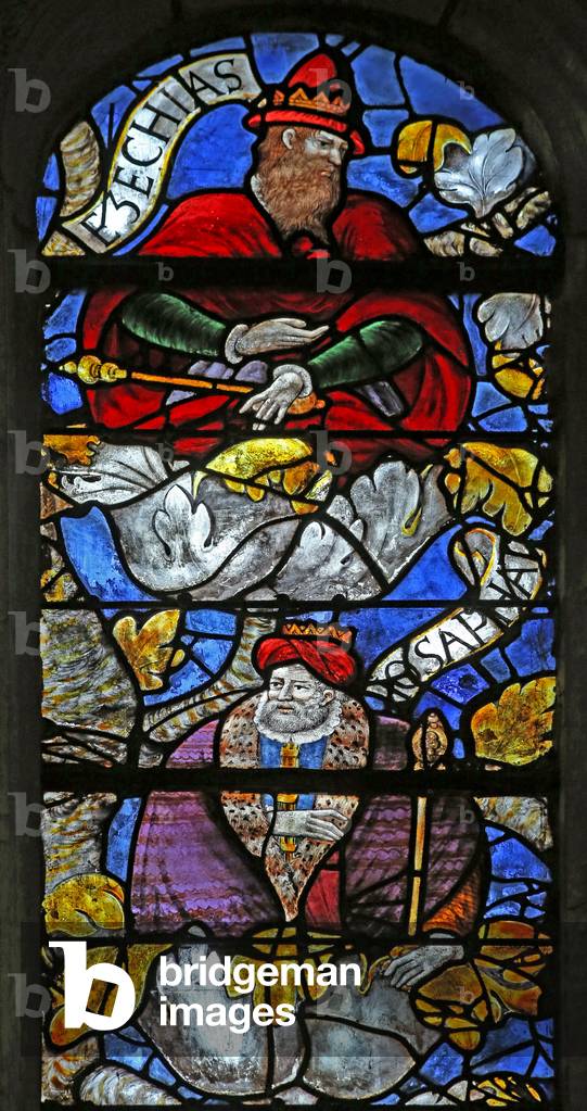 Window w3 depicting the Tree of Jesse: Hezekiah and Jehosaphat (stained glass)