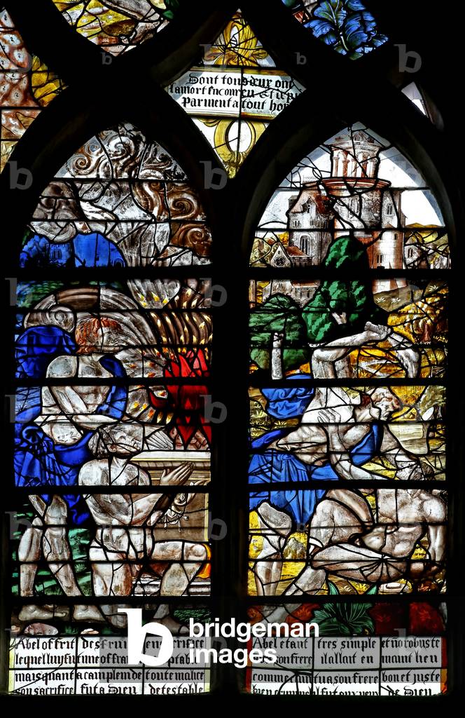 Window w122 depicting Cain and Abel make their offerings; Cain kills Abel (stained glass)
