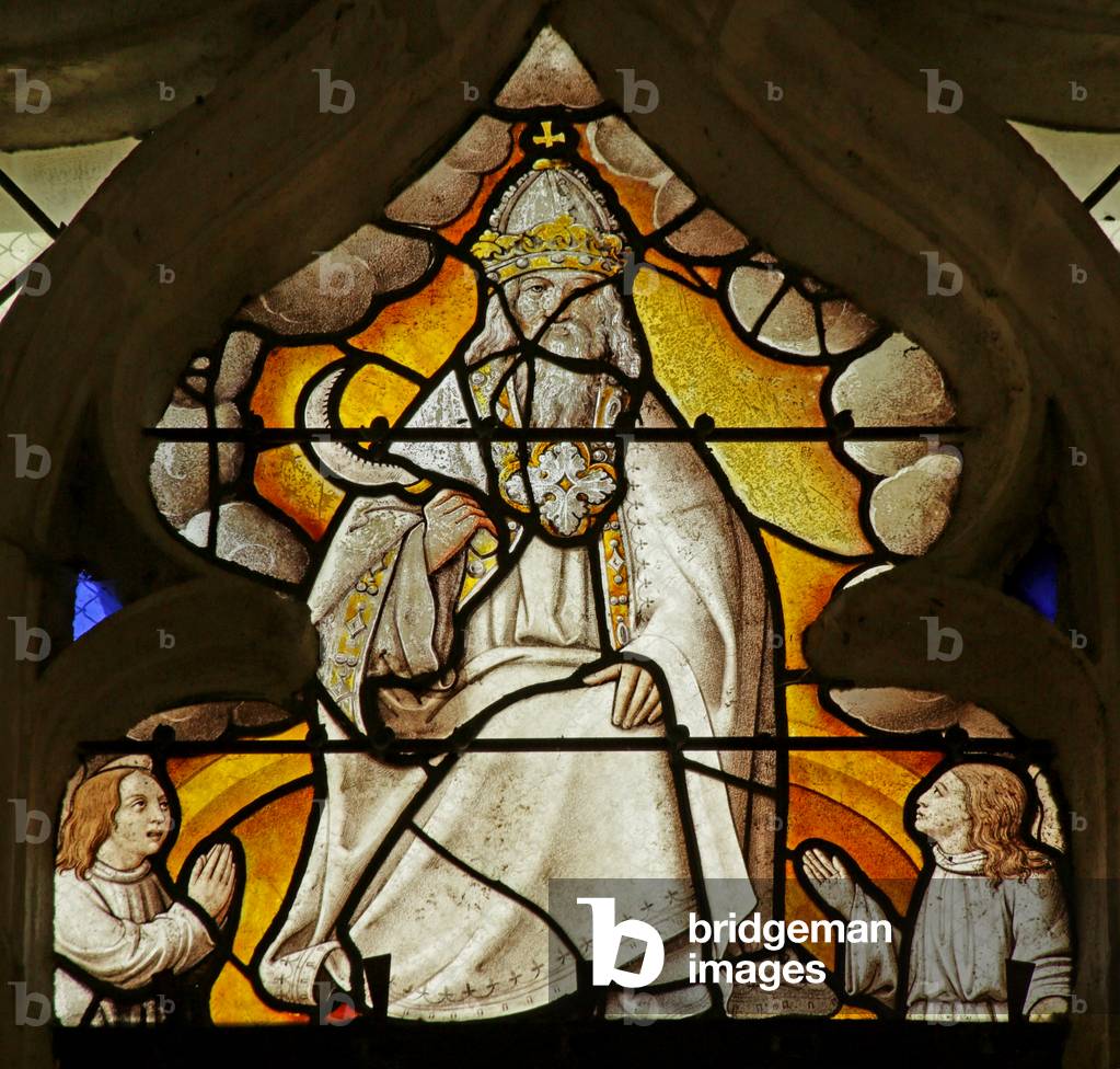 Window depicting a Scene from the Book of Revelation: God with sickle (stained glass)