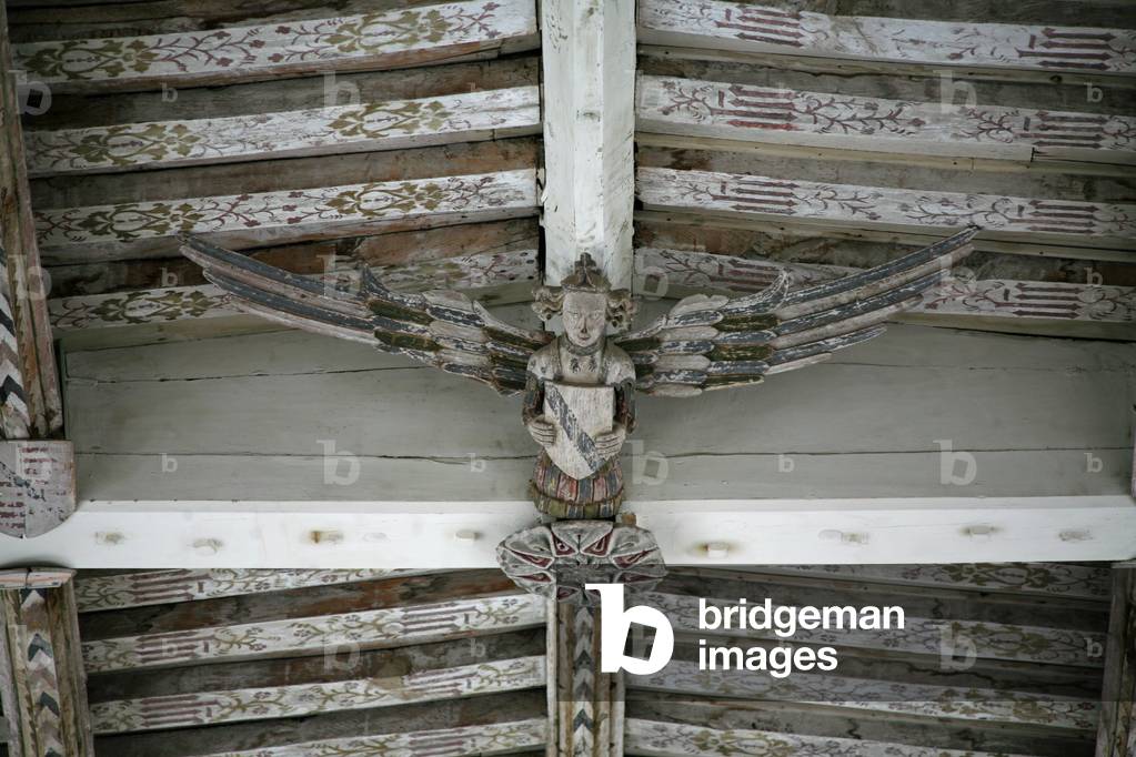 Depicting a view of one of the carved wooden angels in the nave