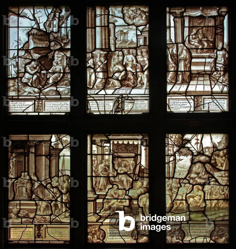Window 1 of the story of Psyche and Cupid: the first 6 Panels in the Gallerie de Psyche (stained glass)