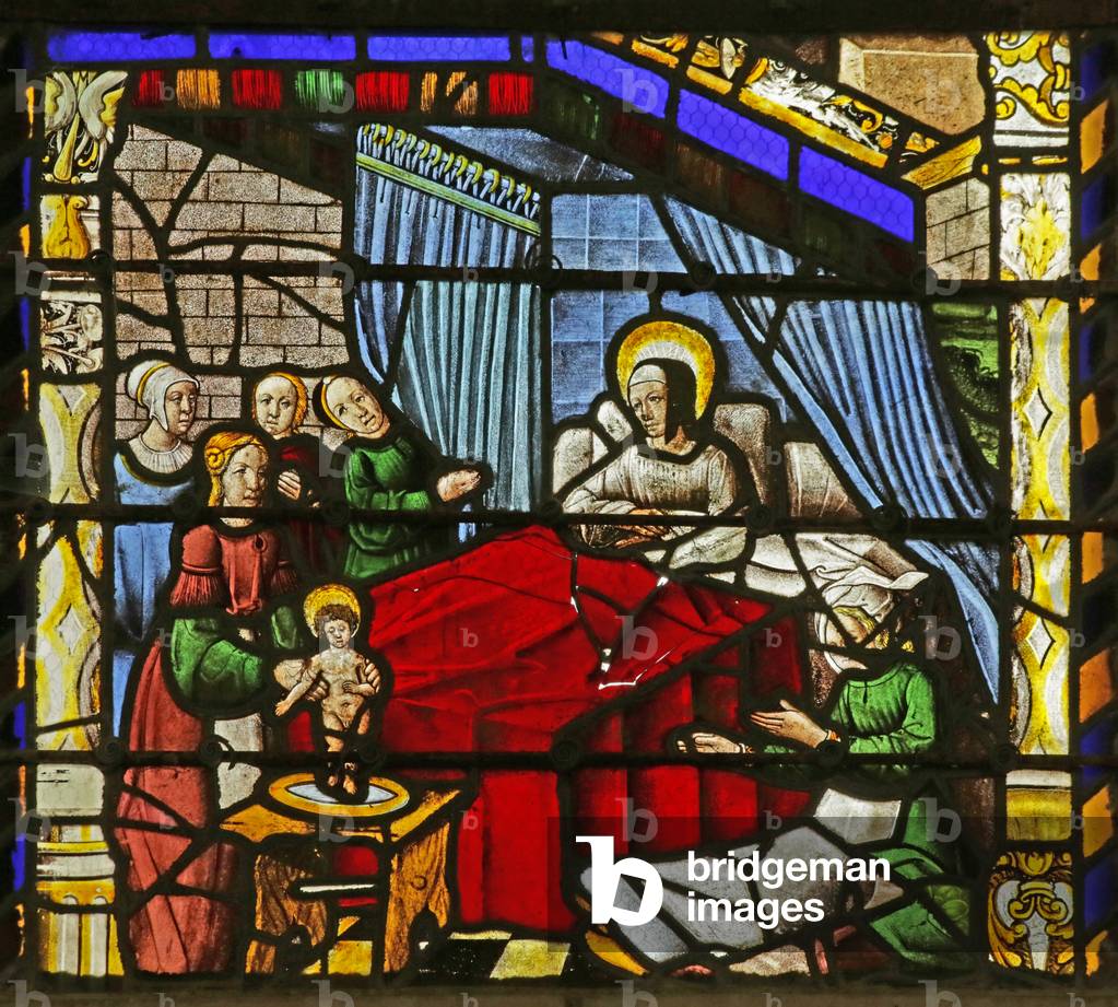 Window depicting the Birth of Saint Nicholas (stained glass)