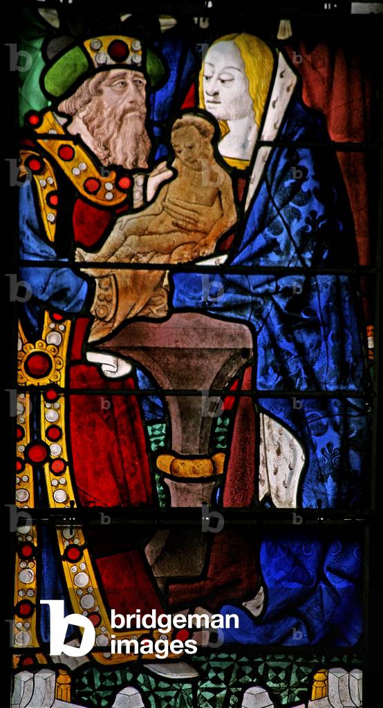 Window w2 depicting the Childhood of Christ: in the Temple with Simeon (stained glass)