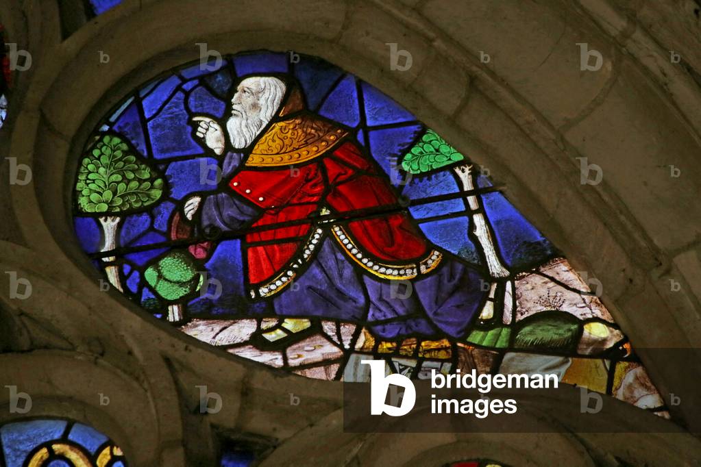 Window depicting Noah listening to God (stained glass)