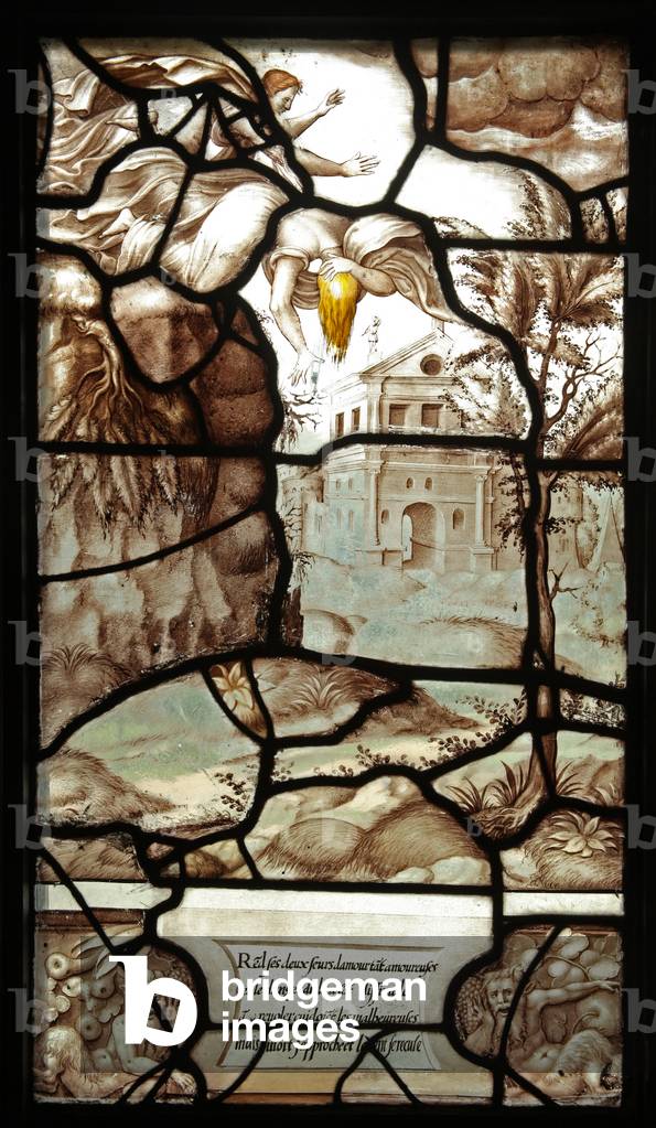 Panel 22 of the story of Psyche and Cupid: Two of Psyche's sisters try to get to Cupid's palace and throw themselves from the rock hoping that Zephyr will transport them on a cloud. Zephyr does not and they die. (stained glass)