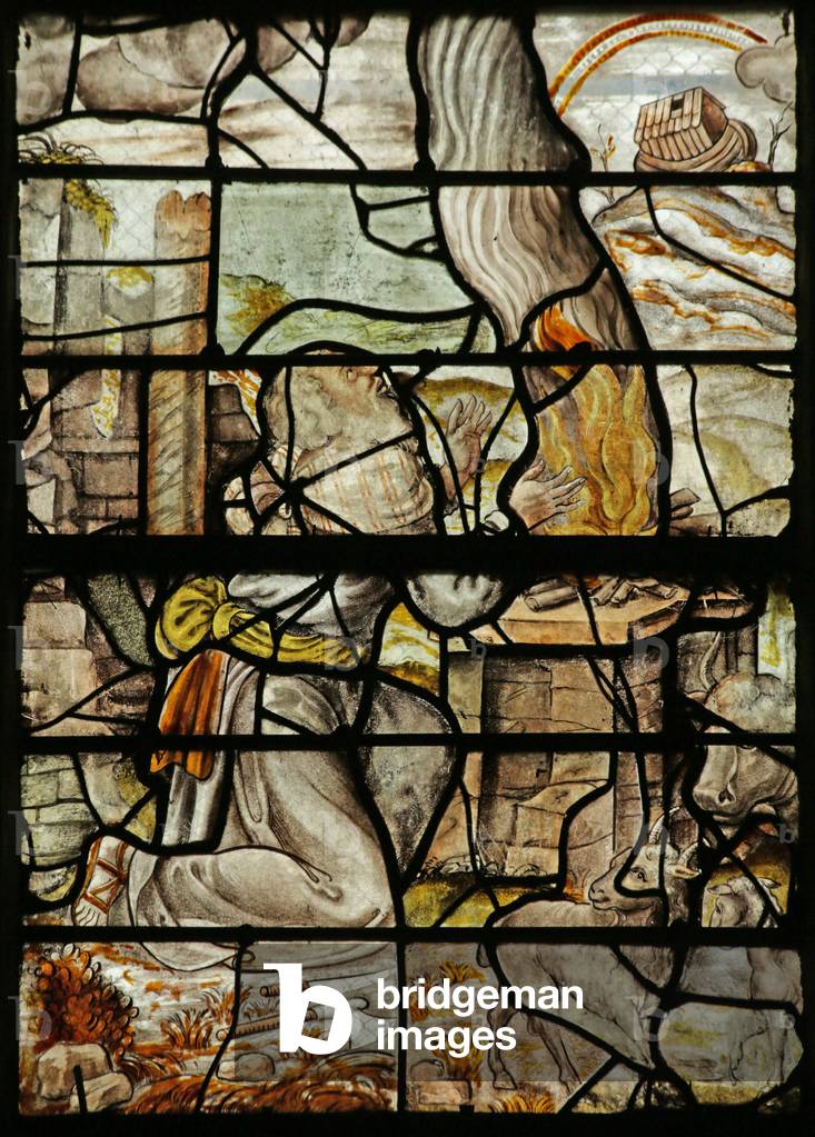 Window depicting Noah making a Sacrifice, the Ark on Mount Ararat and a rainbow (stained glass)