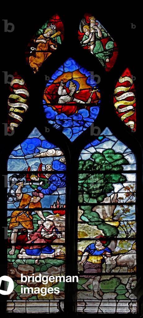 Window w2 depicting Abraham and Isaac: the angel intervenes at the sacrifice (stained glass)