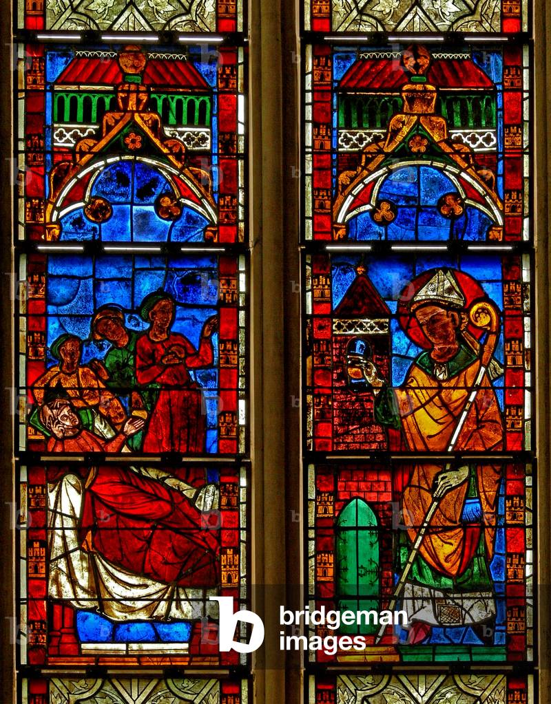 Window w13 depicting a scene from a legend of St Nicholas: Three Girls are saved from prostitution by the sait's generosity (stained glass)